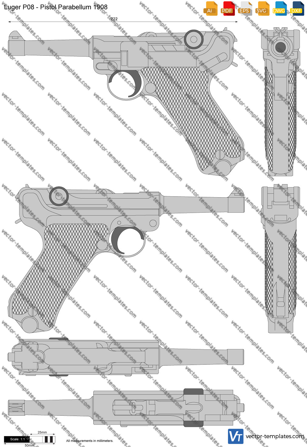Luger P08 4" Barrel USA SVG - Gun Cricut Files - Gun Silhouettes - DXF